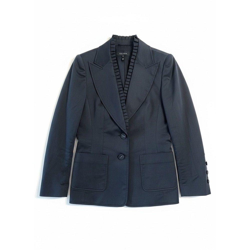 Escada Blazer Women 38 US Size 8 Black  Pleated Ruffle Collar Cuffs Cotton Blend